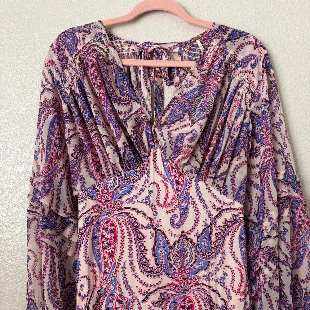 Free People Dress Size 4 Pink Purple Mirage Paisley Maxi Boho Tassel Empire